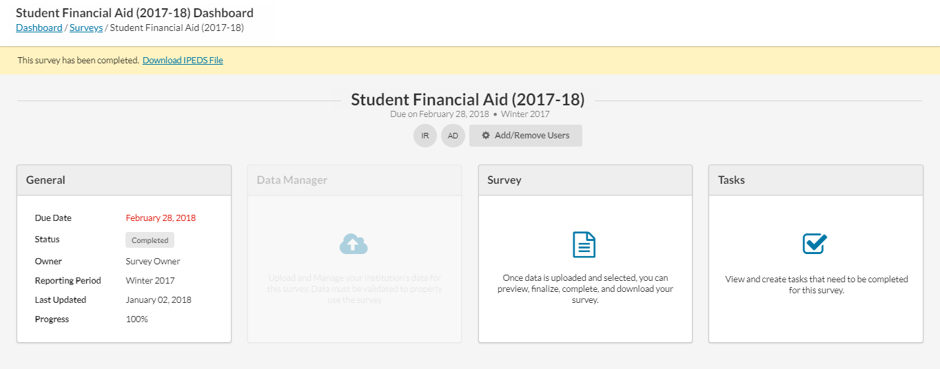 Survey showing a bar at the top stating "This survey has been completed" and providing a download link for the IPEDS file.